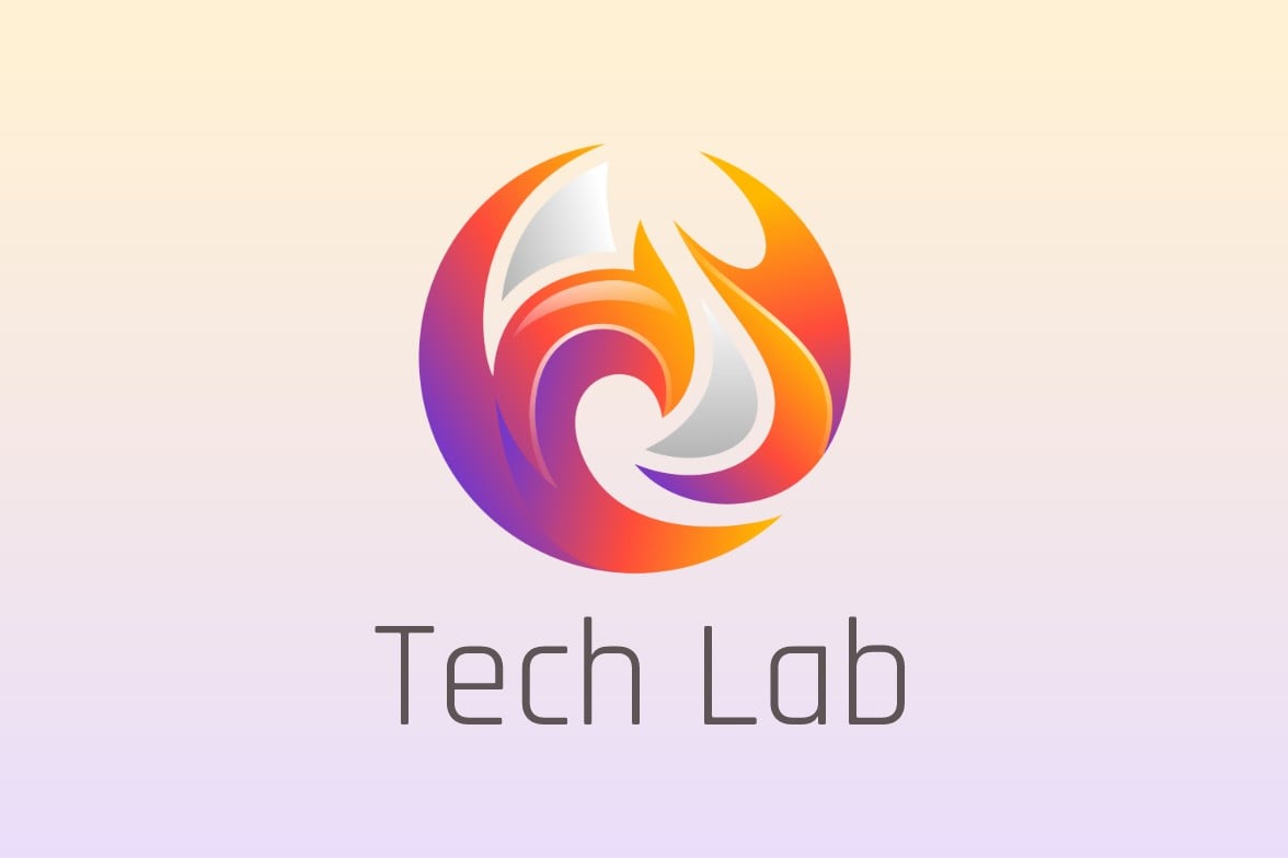 A tech lab logo with the orange purple flame and gradient background before background removal
