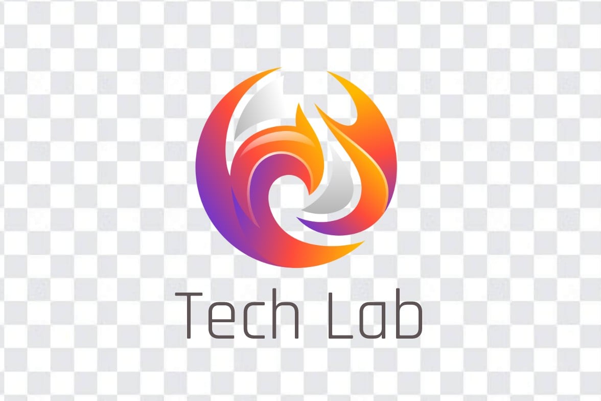 A tech lab logo with the orange purple flame and transparent background after background removal