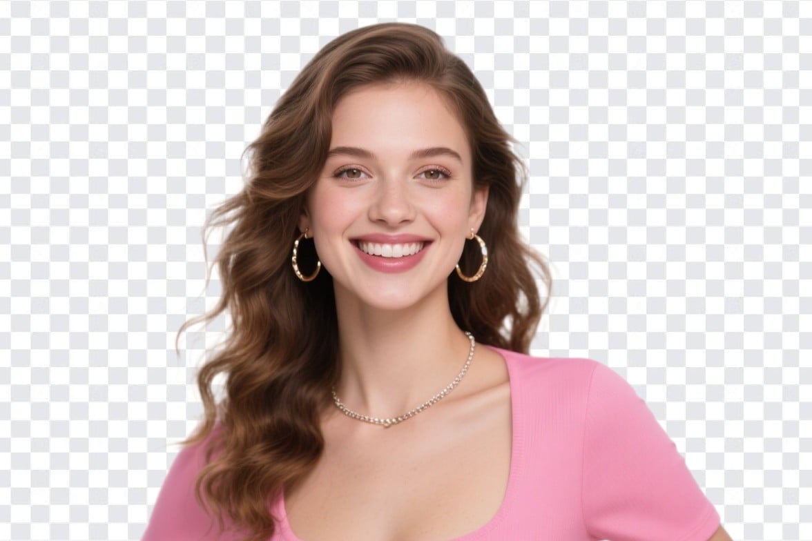 After image of removing the white background from a smiling girl in pink top with pxbee