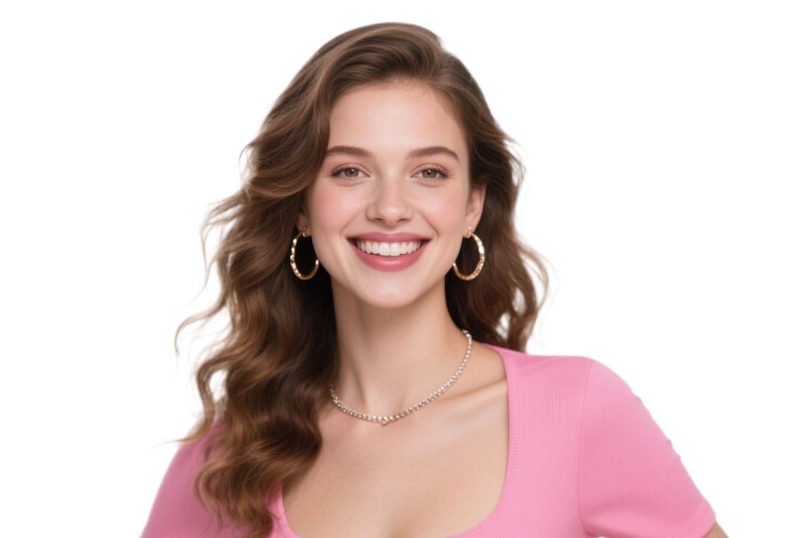 An image of a smiling glong curly hair girl in pink top with white background