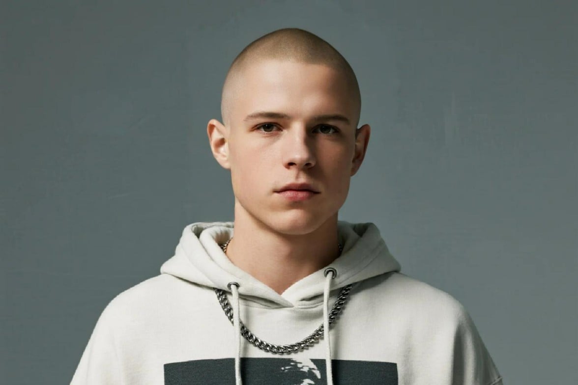 Picture of a man with buzz cut wearing a gray hoodie