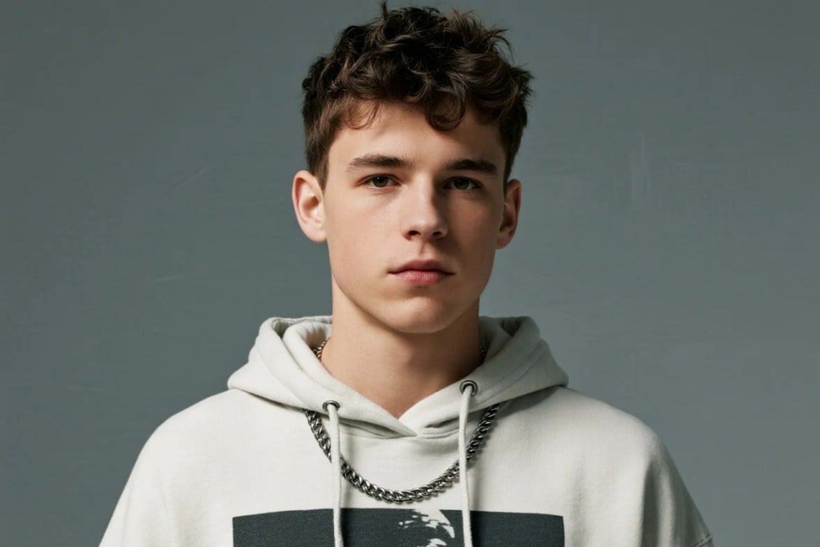 Picture of a man with short curly hair wearing a gray hoodie