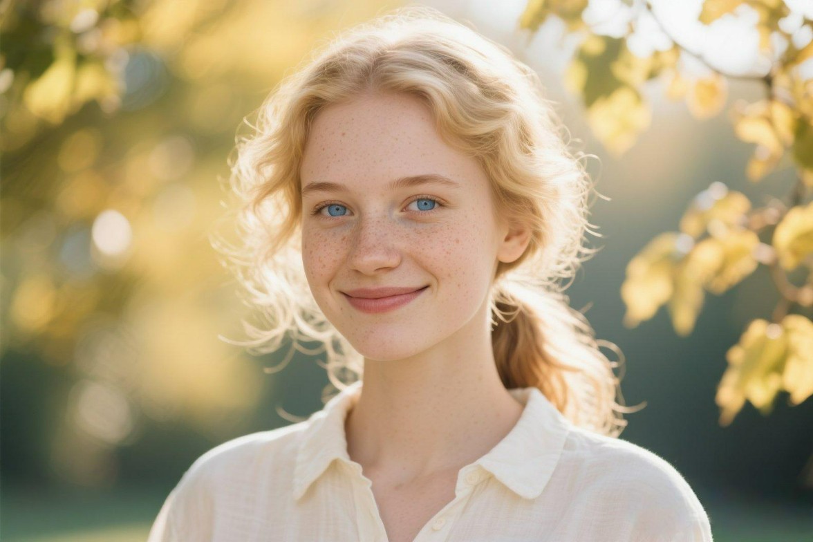 Remove the stamp with the world Italy on it from the photo of a girl with blonde curly hair wearing a white blouse