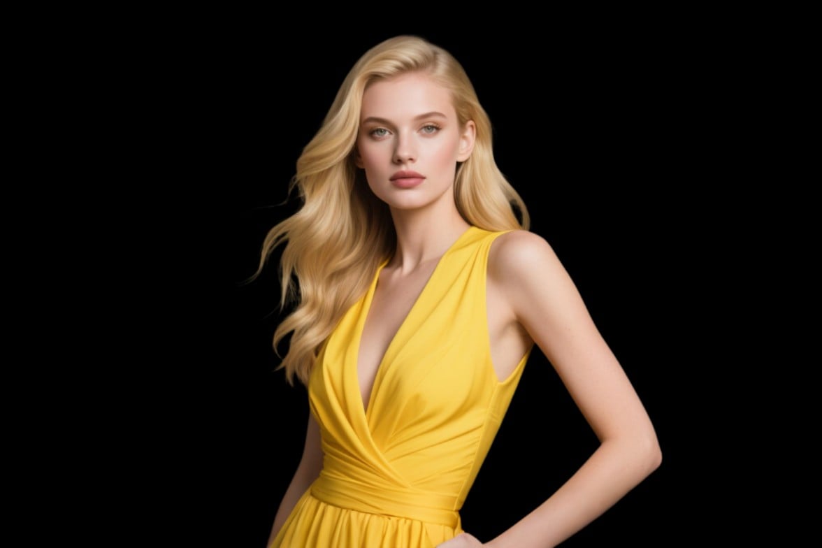 A photo of a beautiful girl in a yellow dress with a black background