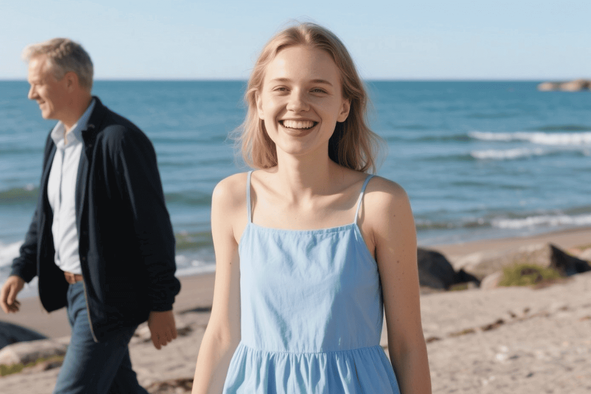 A photo of a young lady with a male passer by