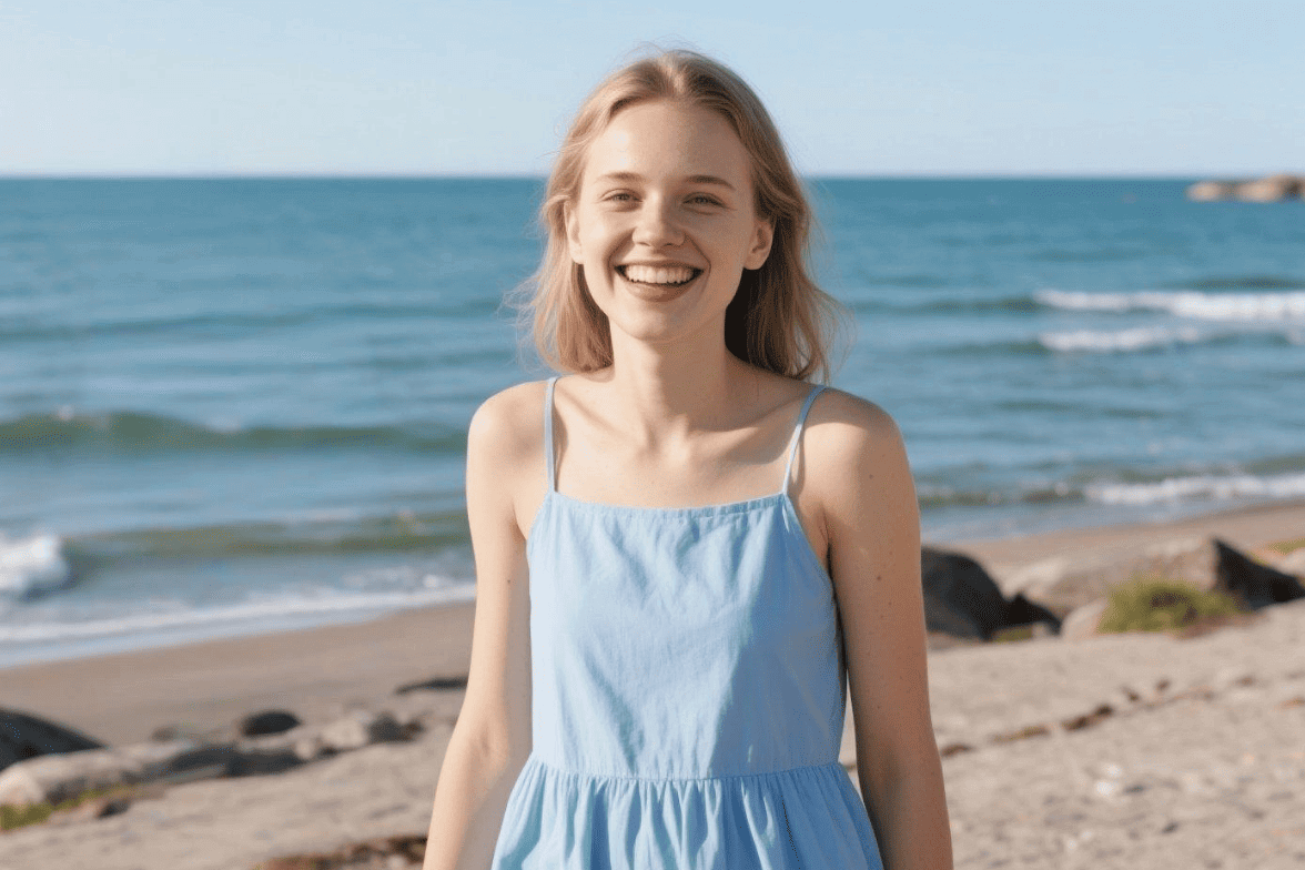 A photo of a young lady with the male passer by removed