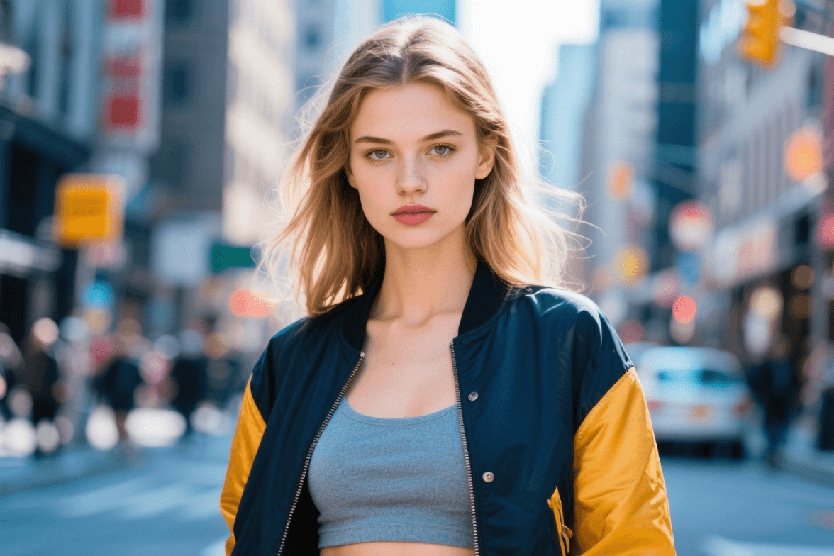 A picture of a stylish woman in black and yellow jacket