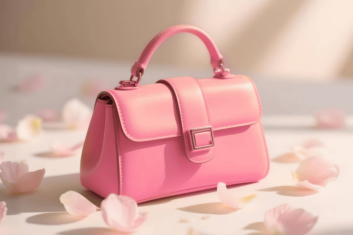 A pink handbag on a flower littered floor