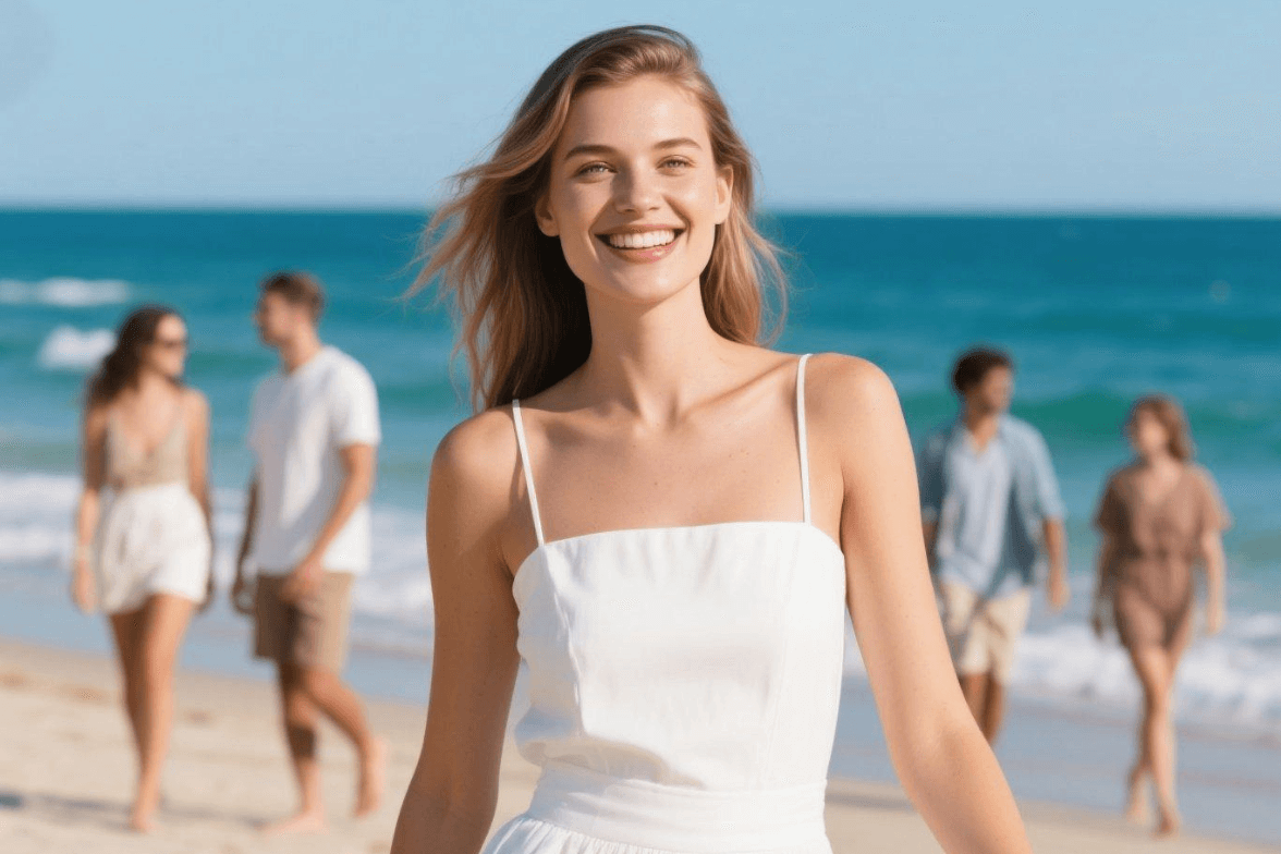 A smiling lady with random people in the bg