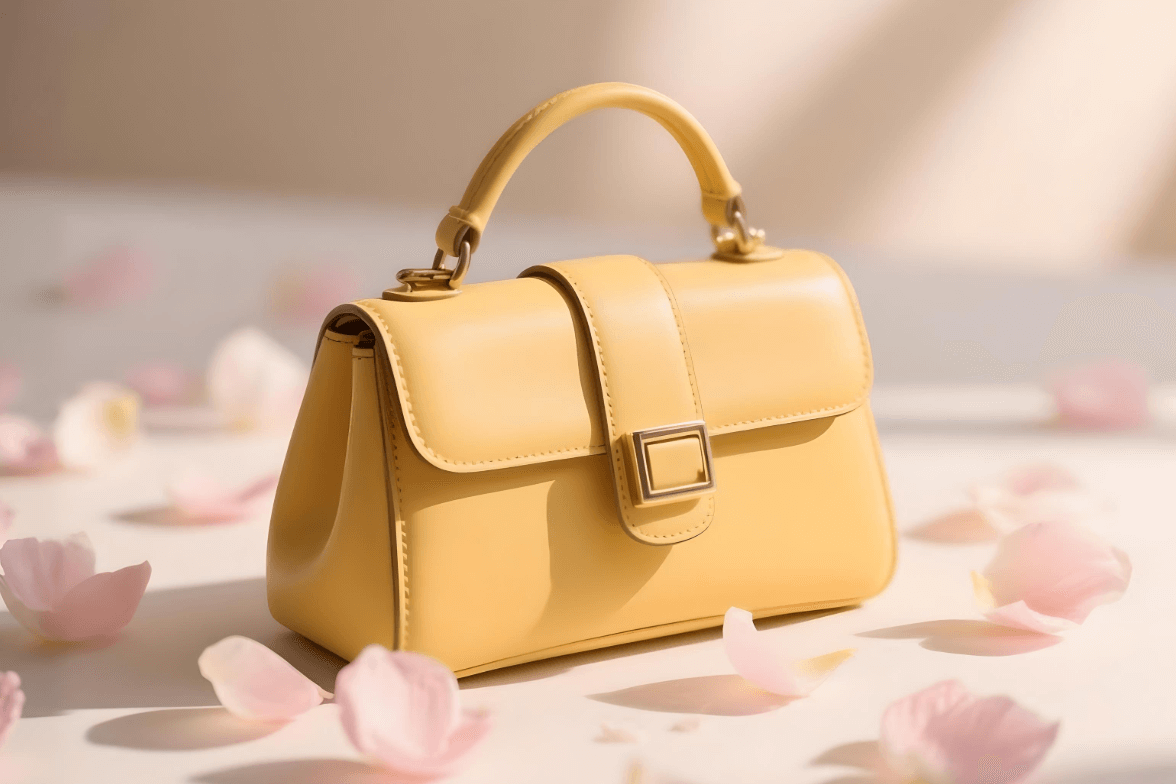 A yellow handbag on a flower littered floor