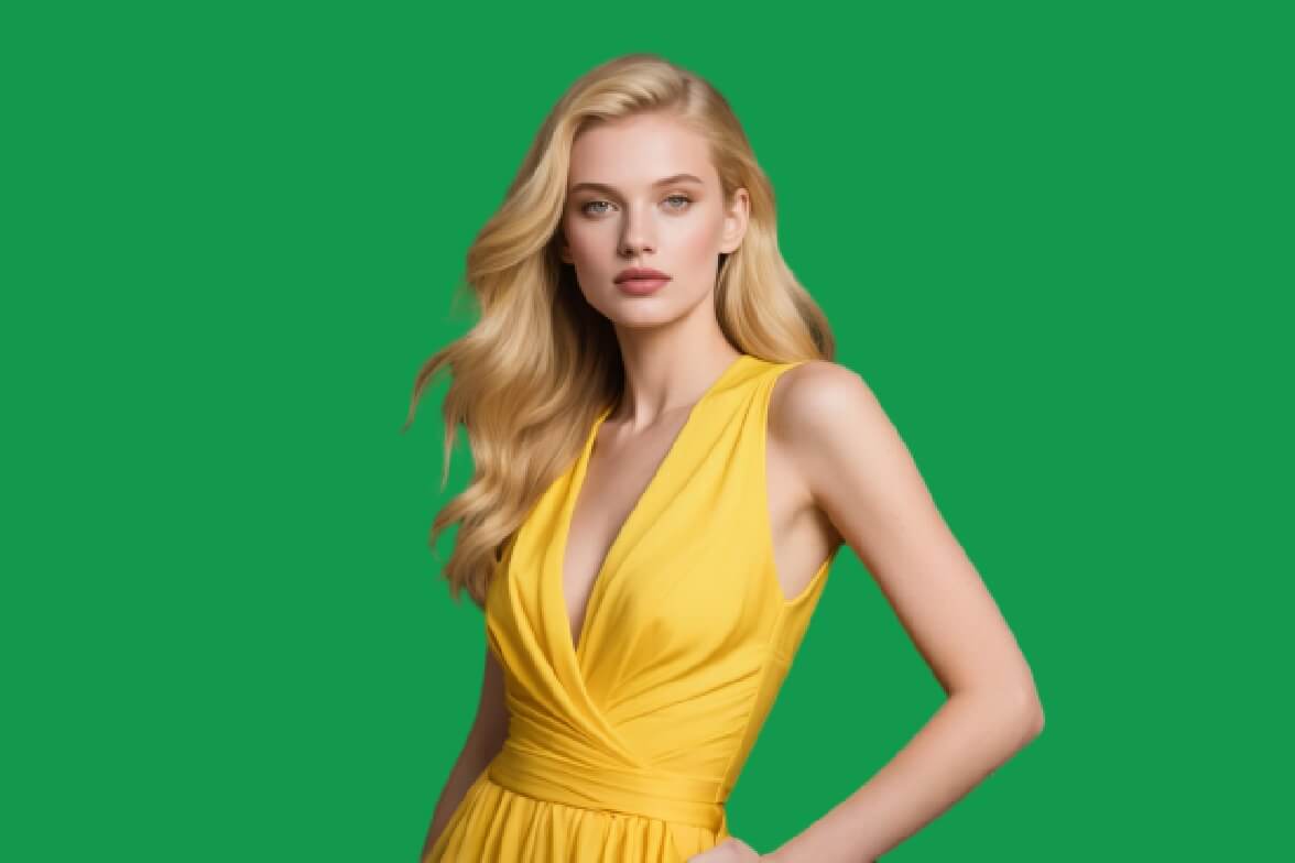 Original photo of a woman in a yellow dress with a green screen background