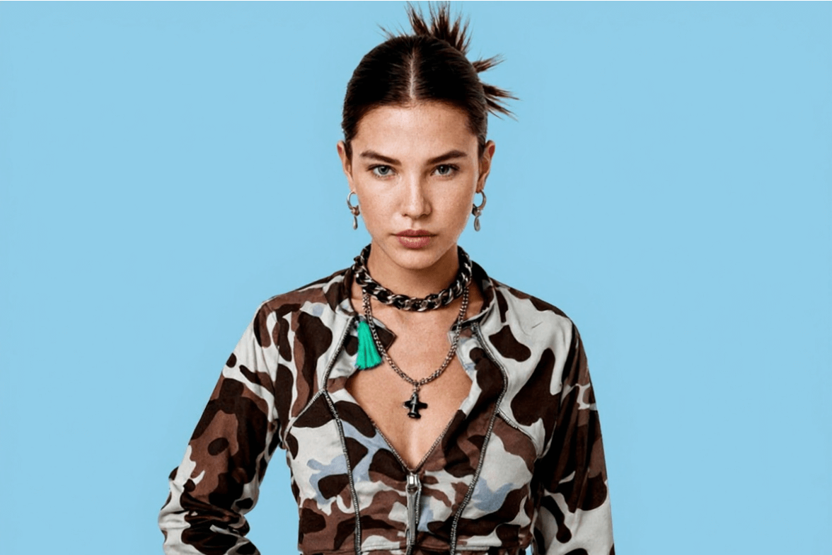 The picture of a stylish woman with a blue background