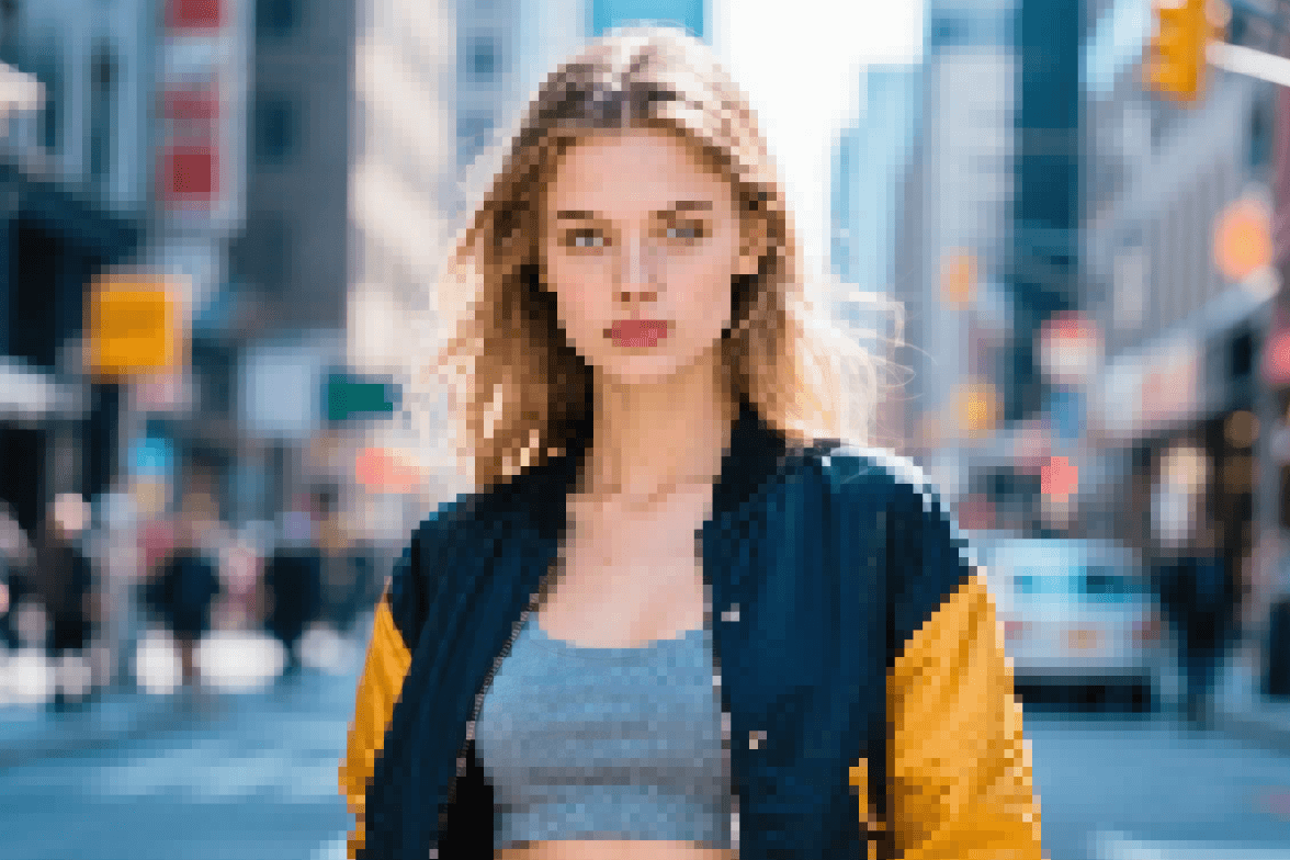 The pixelated image of a stylish woman on the street
