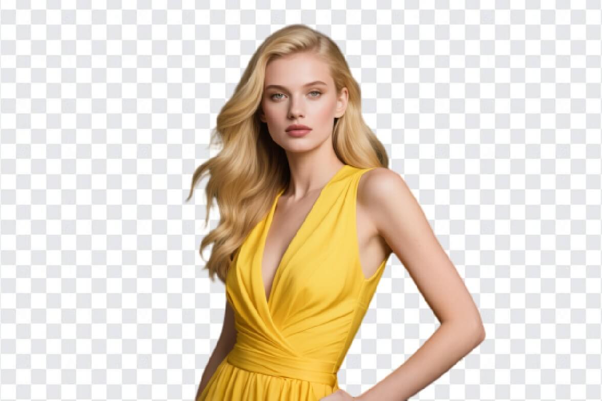 Transparent background image of a woman in a yellow dress with the green screen removed