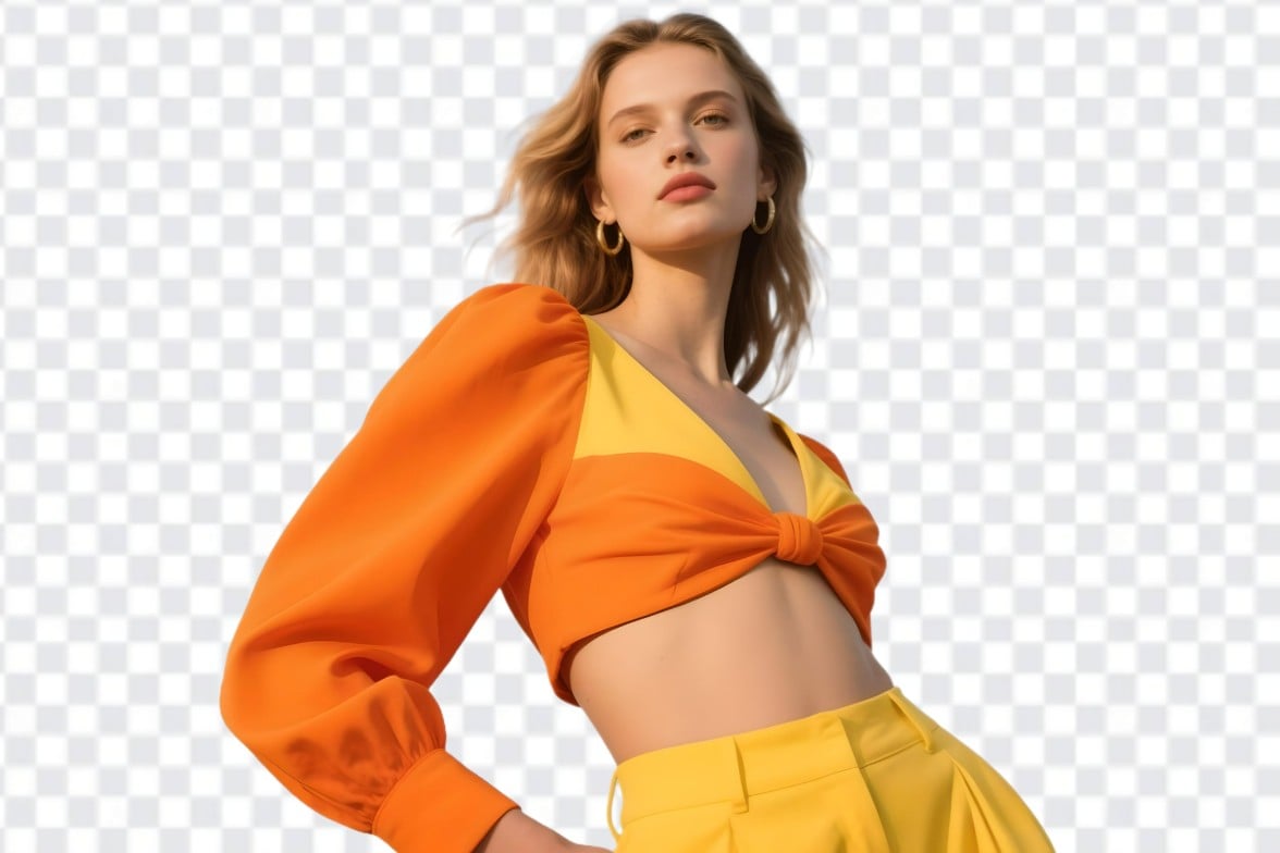 Woman in orange top and yellow skirt with a clear transparent background using pxbee free background remover