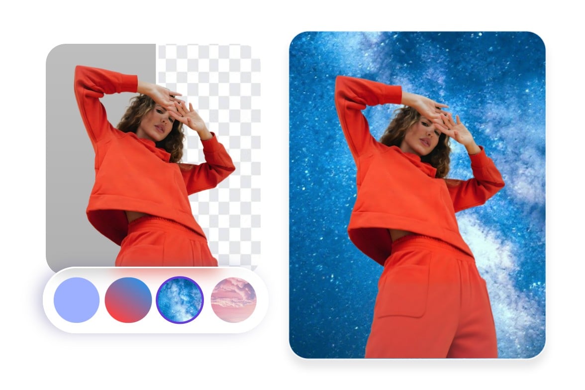 Remove a photo of a female in red clothing and replace the background with a different one in pxbee